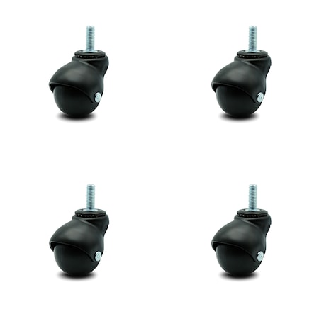 2 Inch Flat Black Hooded 3/8 Inch Threaded Stem Ball Casters SCC, 4PK